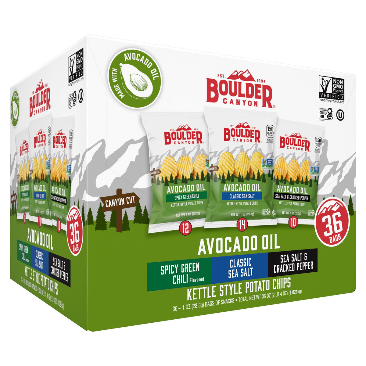Boulder Canyon Kettle Style Potato Chips, Variety Pack, 1 oz, 36-count