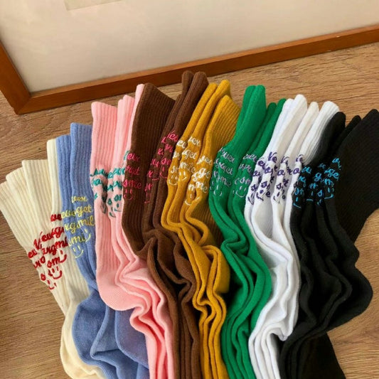 스마일 자수 레터링 골지 양말