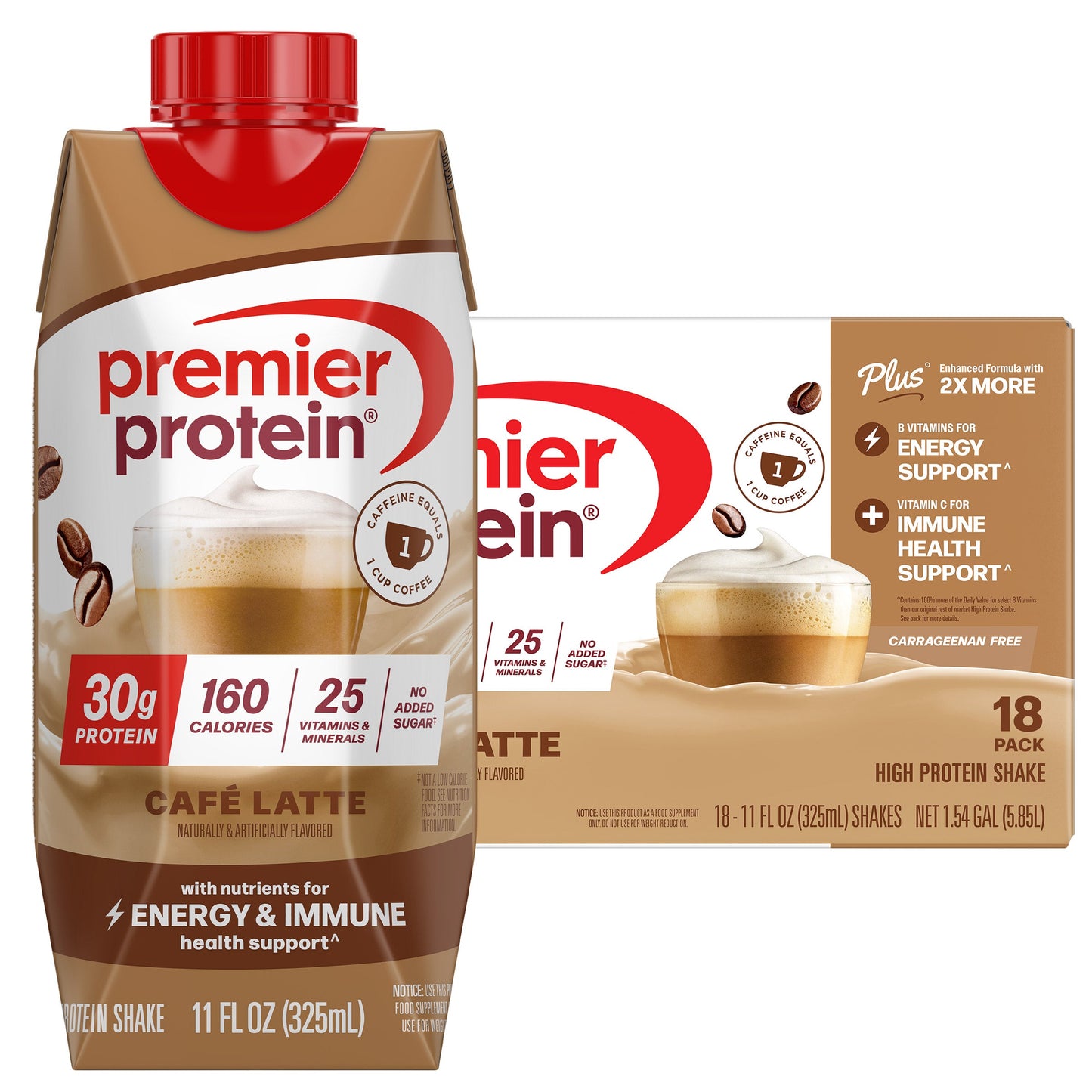 Premier 30g Protein PLUS Energy and Immune Support Shakes, Cafe Latte, 11 fl oz, 18-pack