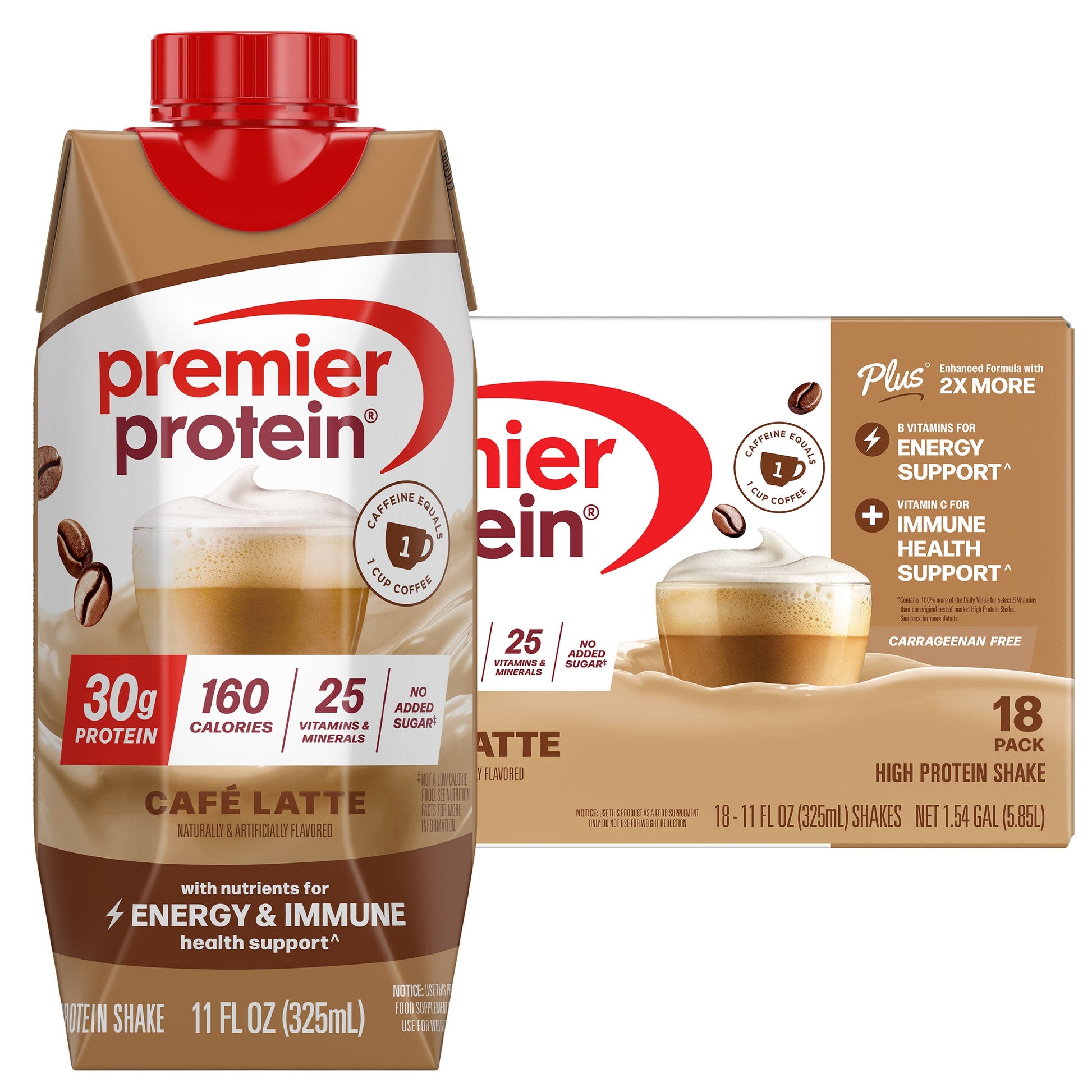 Premier 30g Protein PLUS Energy and Immune Support Shakes, Cafe Latte, 11 fl oz, 18-pack