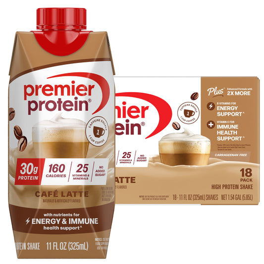 Premier 30g Protein PLUS Energy and Immune Support Shakes, Cafe Latte, 11 fl oz, 18-pack