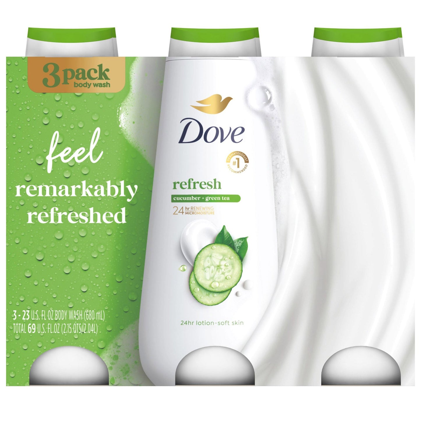 Dove Refresh Cucumber and Green Tea Body Wash, 23 fl oz, 3-pack