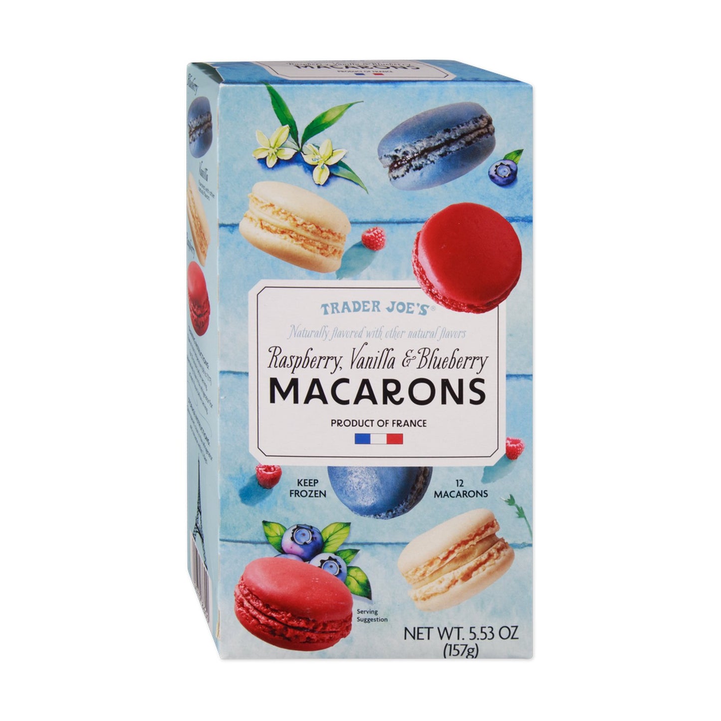 Raspberry, Vanilla & Blueberry Macarons