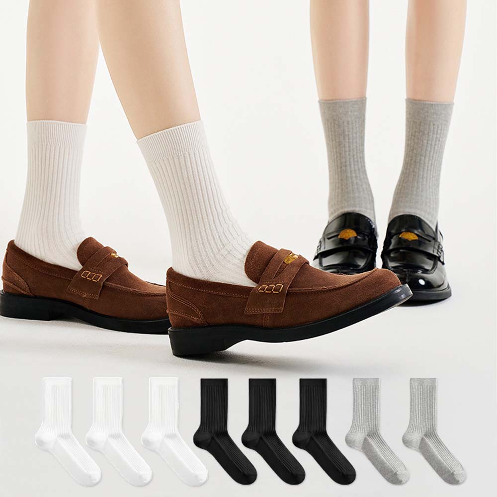 에멜강스 데일리 골지 양말 8켤레 면 무지 긴목 무압박 검정 흰 학생 양말 세트