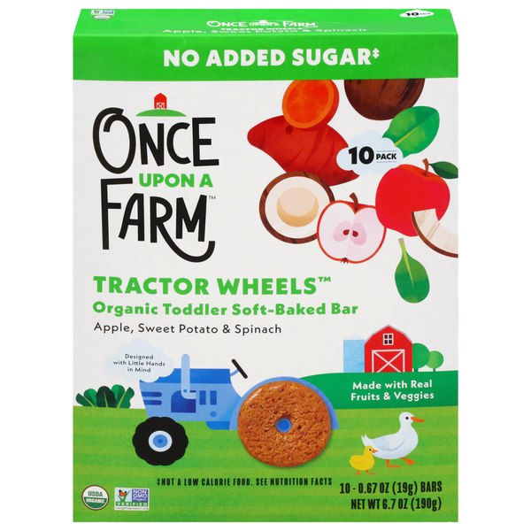 Once Upon A Farm Organic Apple, Sweet Potato & Spinach Tractor Wheels Toddler Soft Baked Bar 10 Pack
